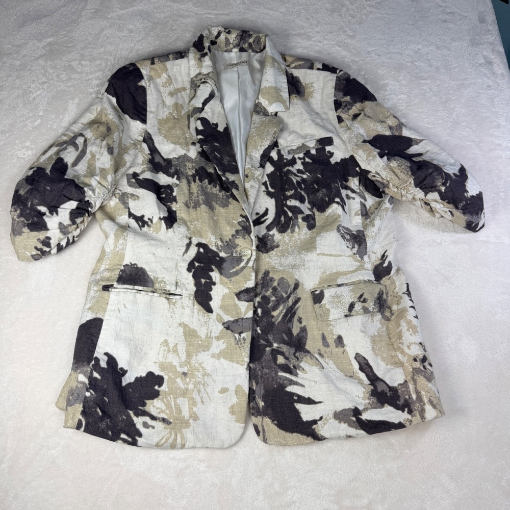 Coldwater Creek Classic Floral Abstract Linen Blend Blazer Jacket Neutral XL